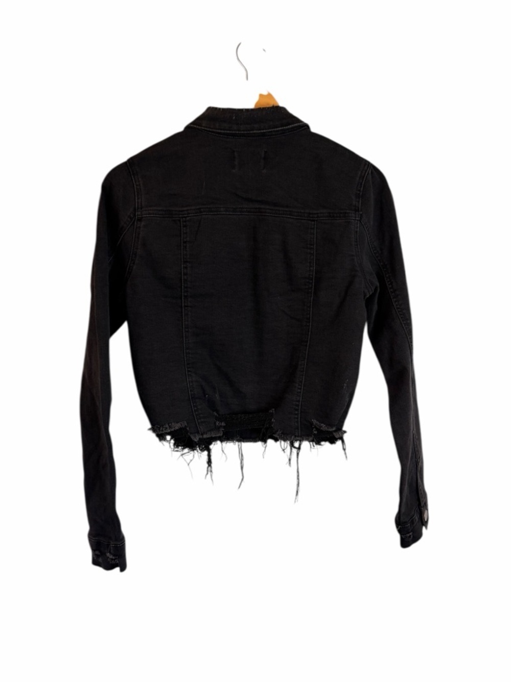 Risen Black Shirring Sleeve Crop Jacket Distressed Denim Women’s Sz Small - Picture 4 of 11